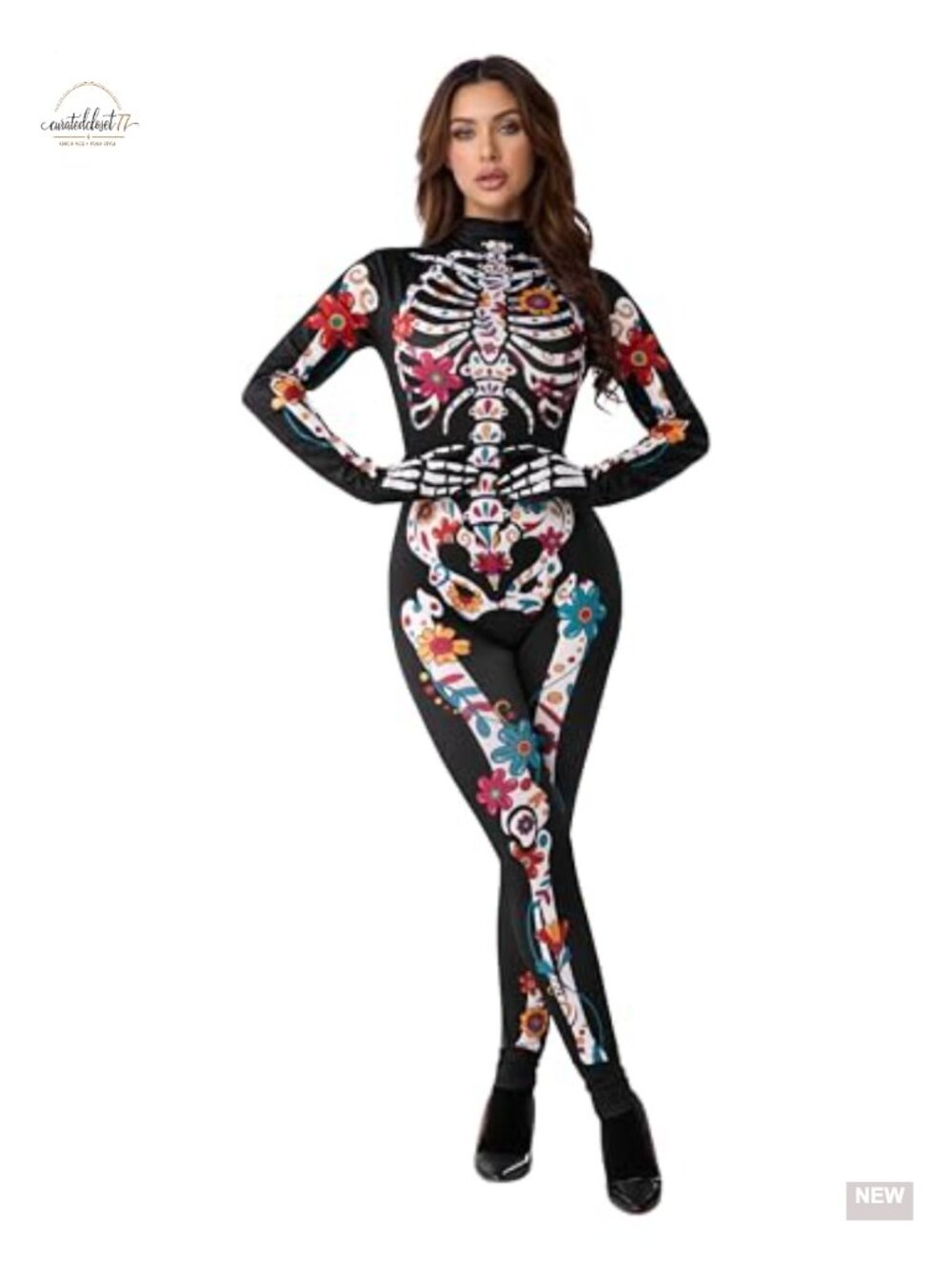 Women's Floral Skeleton Jumpsuit Costume Halloween Cosplay Gloves Slim Fit